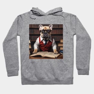 Chic French Bulldog: Hyperreal Red-Suit in Whimsical Library Hoodie